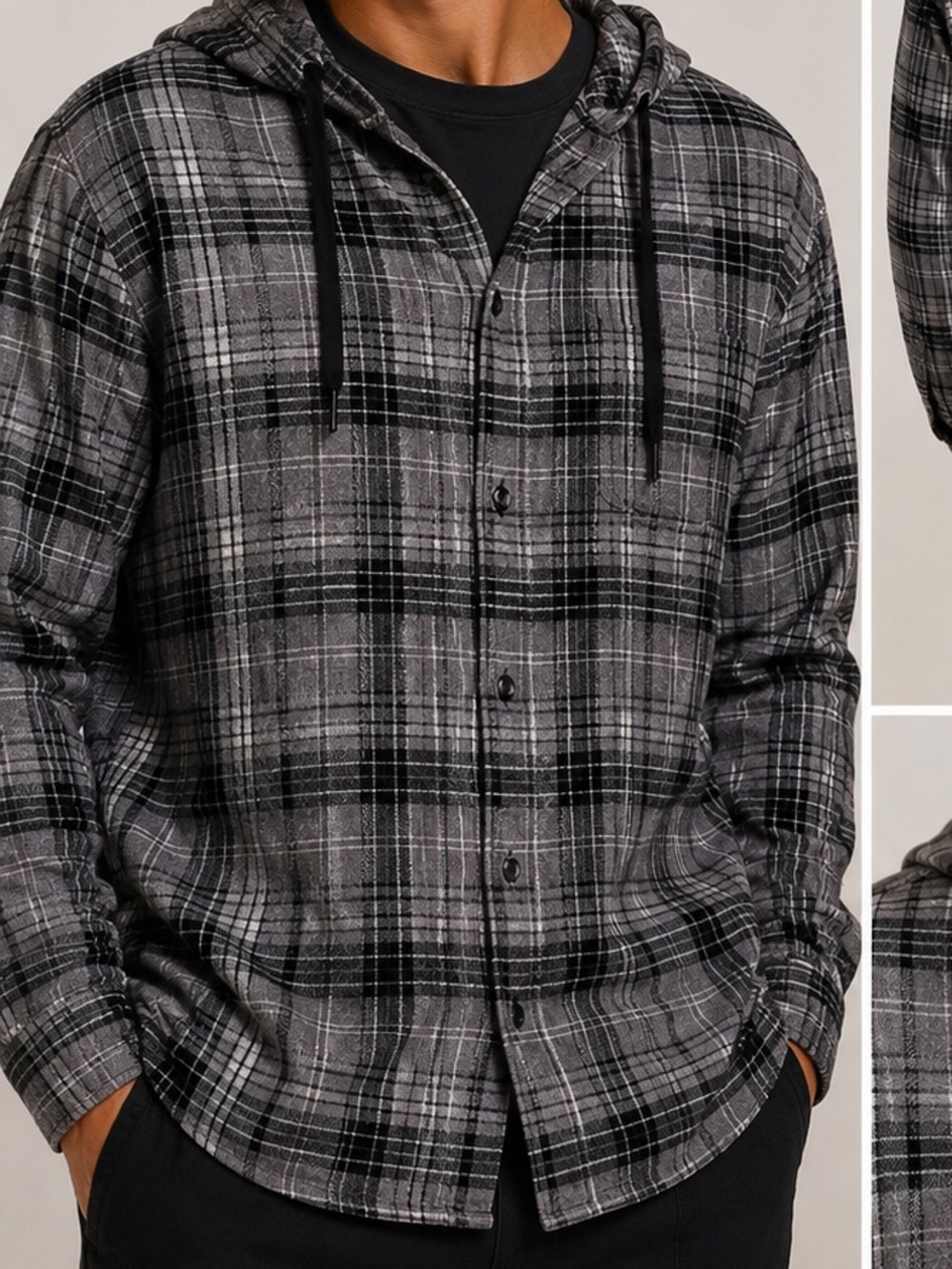 American Eagle Outfitters Gray Plaid Hooded Button-Down Shirt